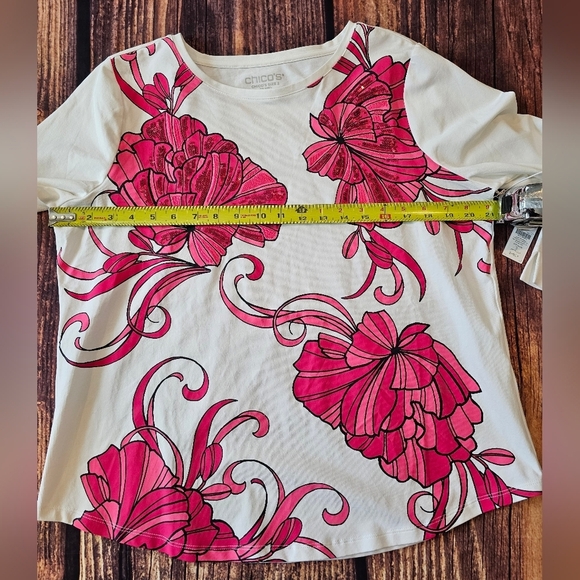 Chico's Size Large Cotton Kasbah Pink Floral Embellished Perfect Tee 3/4 Sleeve - Picture 8 of 9